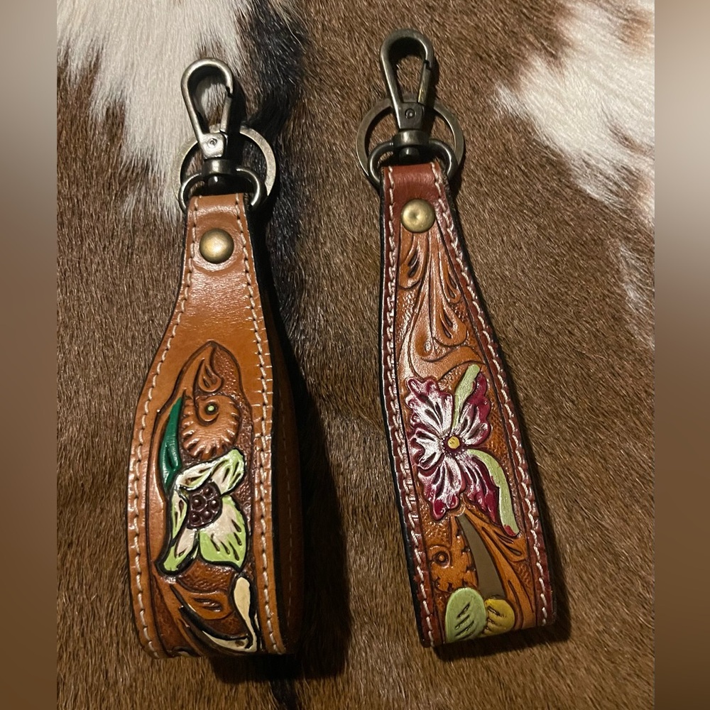 💚🩷🌵Genuine Tooled Leather Western Wristlet Strap or Key Ring Snap 🌵🩷💚